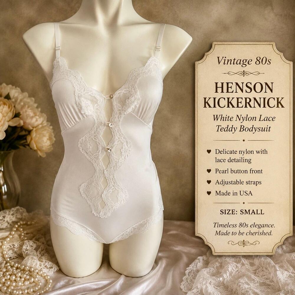 Vintage 80s Henson Kickernick White Nylon Lace Teddy Bodysuit Pearl Buttons S
